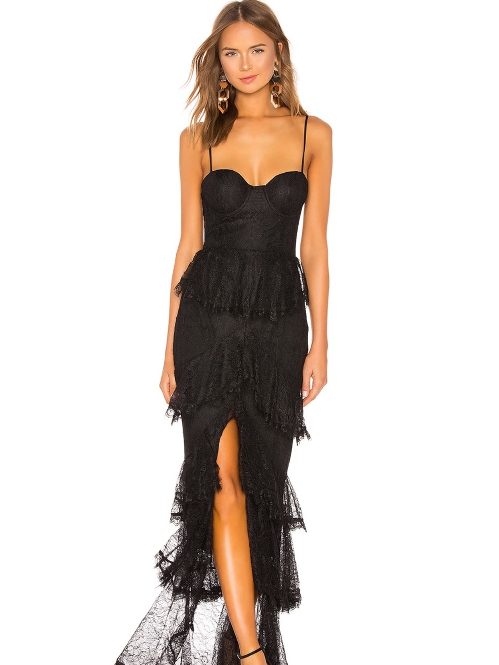 MAJORELLE Sz Small Black Strapless Lace Bustier Maxi Dress with Ruffled Tiers